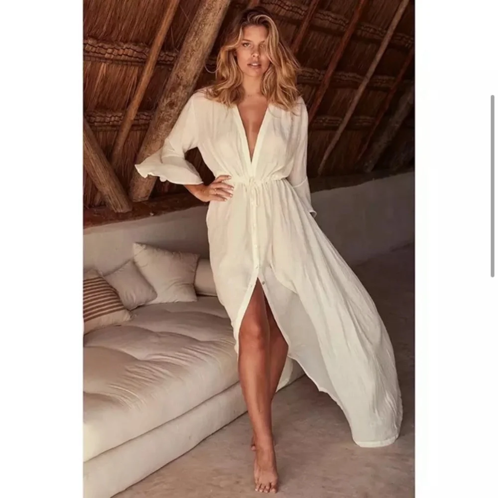 New Summer Bohemian White Gauzy Beach Long Maxi Dress Kimono - Picture 3 of 15